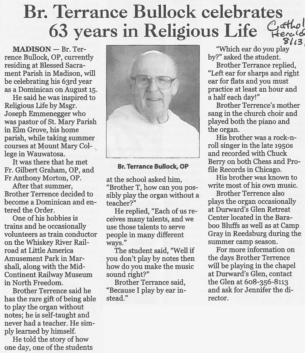 Br. Terrance Bullock celebrates 63 years of Religious Life
