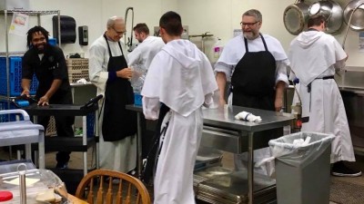 St. Dominic Priory, St. Louis MO, cleaning dishes after a meal.