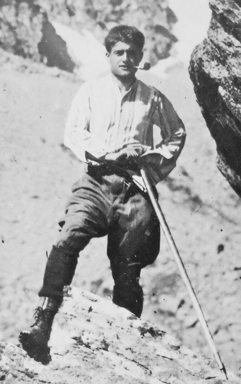 Black and white photograph of Pier Giorgio Frassati while mountaineering