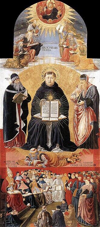 Triumph of St. Thomas Aquinas, Doctor Communis, between Plato and Aristotle, Benozzo Gozzoli, 1471. Louvre, Paris.