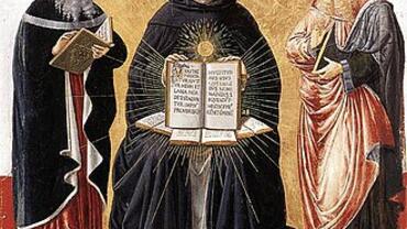 Triumph of St. Thomas Aquinas, Doctor Communis, between Plato and Aristotle, Benozzo Gozzoli, 1471. Louvre, Paris.